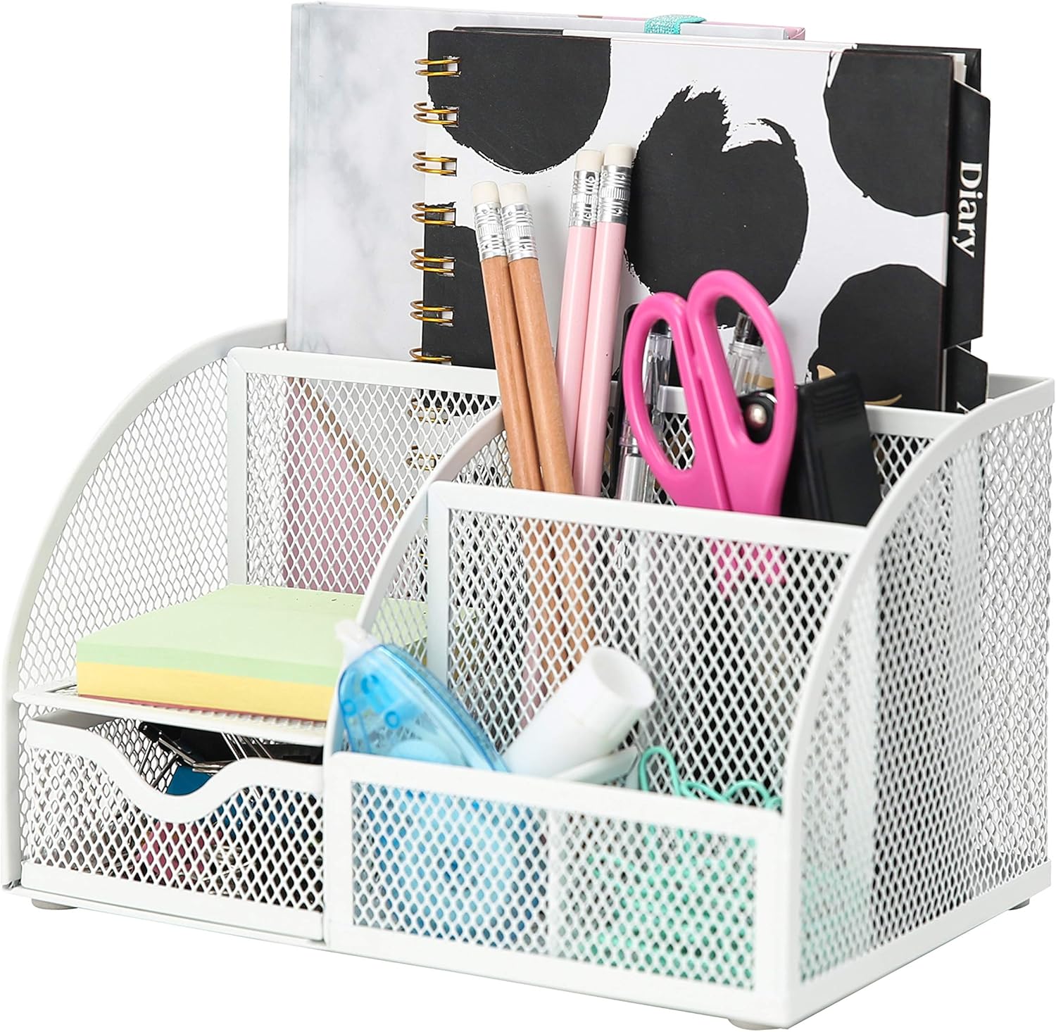 EasyPAG Mesh Desk Organizer 5 Compartments and 1 Slide Drawer,White