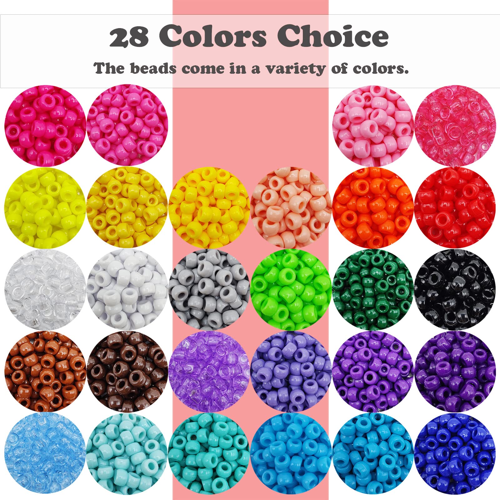 Pony Beads, 4200pcs 28 Colors Plastic Bead for Craft Bracelets Making, Hair Bead for Braids, Colored Beads for DIY Projects - Individually Wrapped (6x9mm)