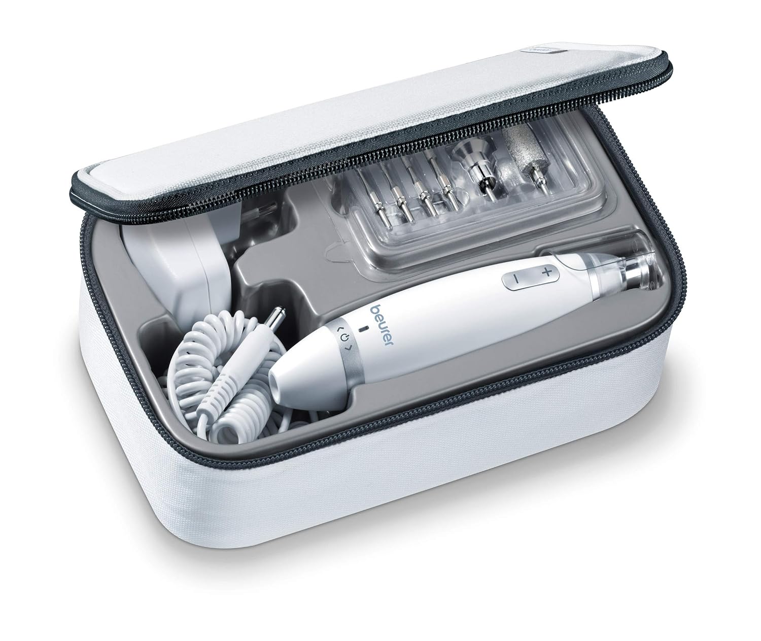 Beurer 24-piece Professional Manicure & Pedicure Nail Drill Kit | 10 Stainless Steel Attachm./10 Sanding Bands, 18 Speeds | Electric Nail File Set, Nails Care Tools, For Foot/Hand | Storage Case, MP62: Beauty