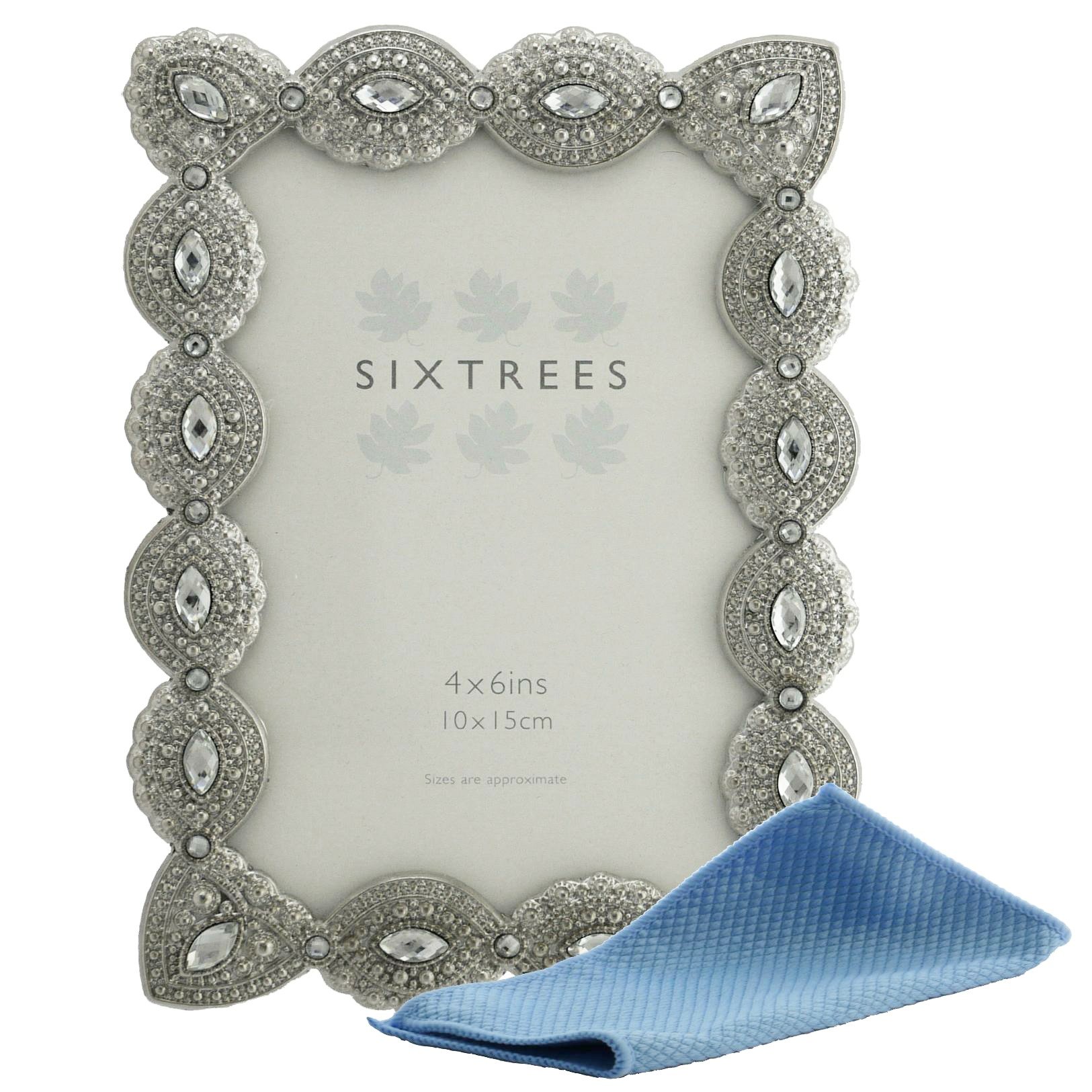 Sixtrees Cecilia Antique Vintage Shabby Chic Style silver metal photo frame with beads and crystals for a 6" x 4" (152 x 102mm) picture -Complete with our microfibre polishing cloth. — image 1