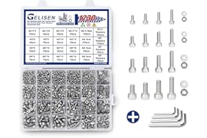 Gelisen 1230Pcs M2.5 M3 M4 M5 Silver Hex Socket Head Cap Screws Nuts Washers Assortment Sets,304 Stainless Steel Socket Cap Screws Bolts Kit with 4 Allen Wrenches