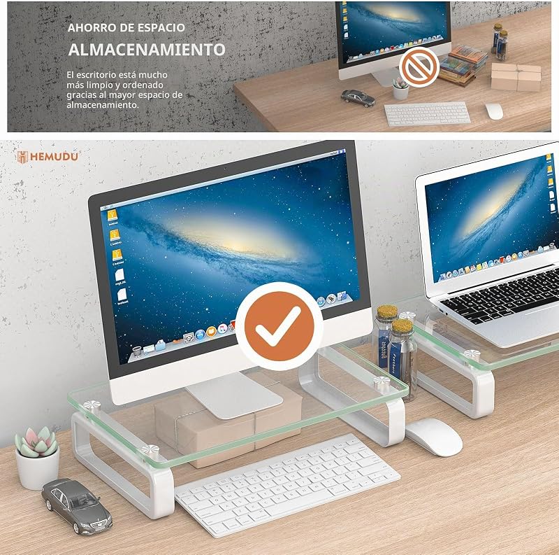 Dos Soporte para Monitor Vidrio Templado Elevador Claro HD02T-201P