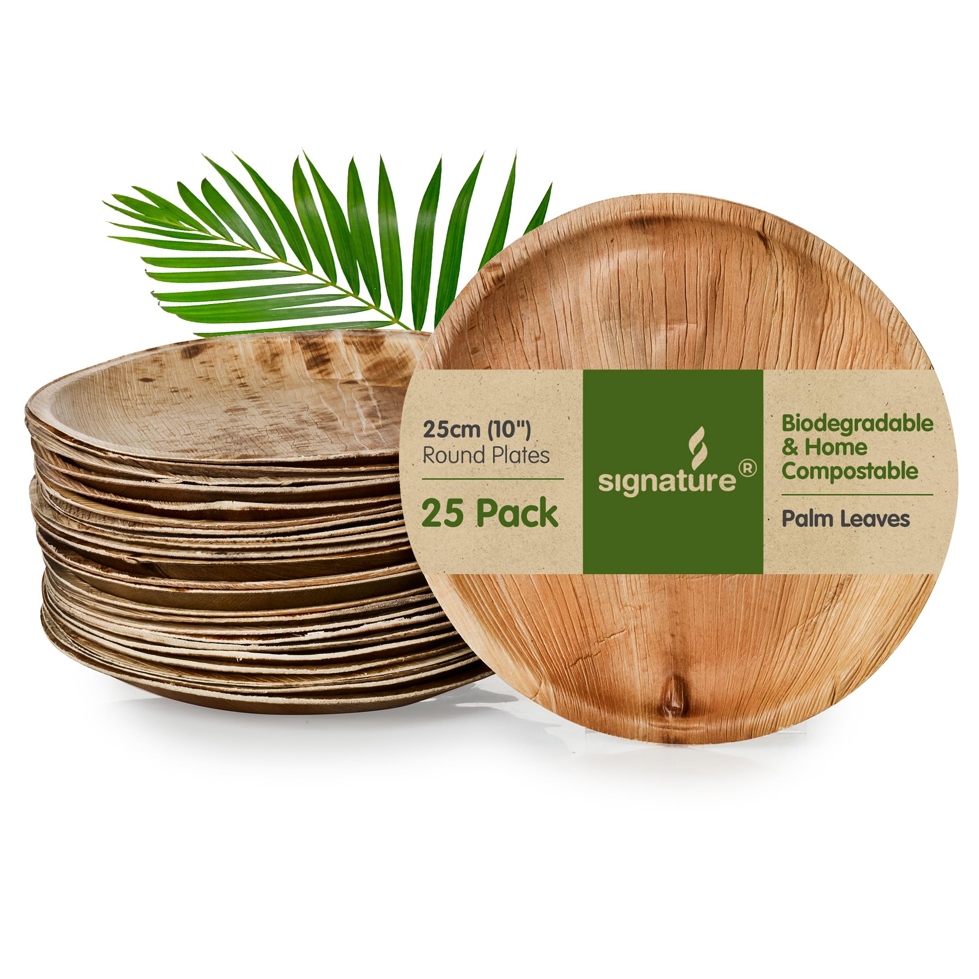 Signature Packaging Disposable Palm Leaf Plates, Sturdy Eco-Friendly Biodegradable Compostable Plates for Hot Food, Weddings, Picnics, Parties and Outdoor Events - 10", (25 Pack) Round