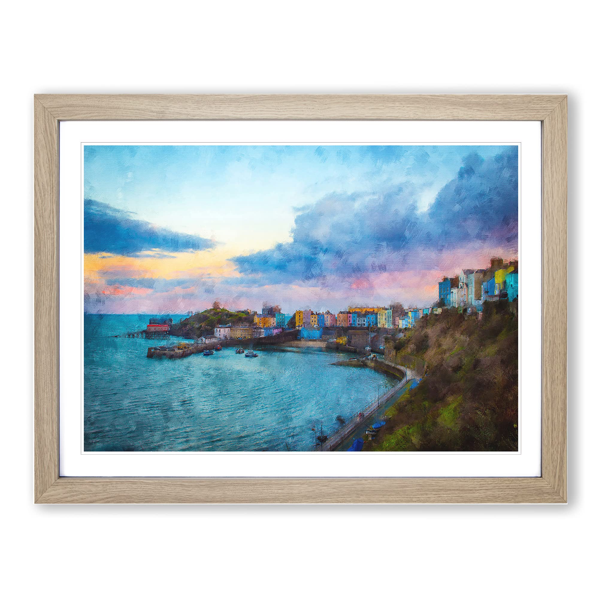 Tenby Harbour In Pembrokeshire Wales Painting Modern Art Framed Wall Art Print, Ready to Hang Picture for Living Room Bedroom Home Office Décor, Oak A4 (34 x 25 cm)