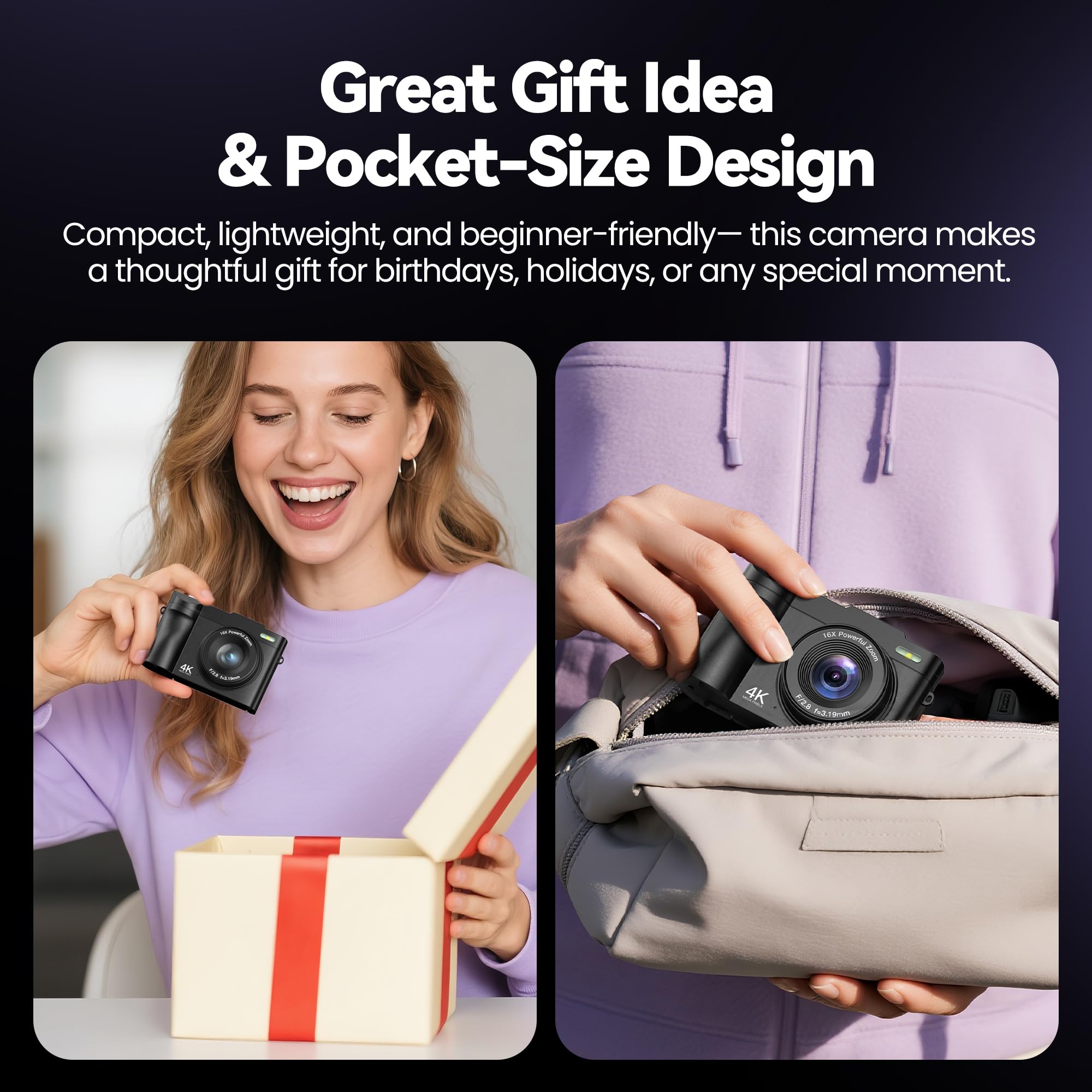Digital Camera 4K for Photography Vlogging: 50MP Cameras for Video - 16X Zoom Photo Camera Gifts for Teens Ages 8-16 - 180°Flip Screen Compact Cámara - Point and Shoot Digital Cameras for YouTube