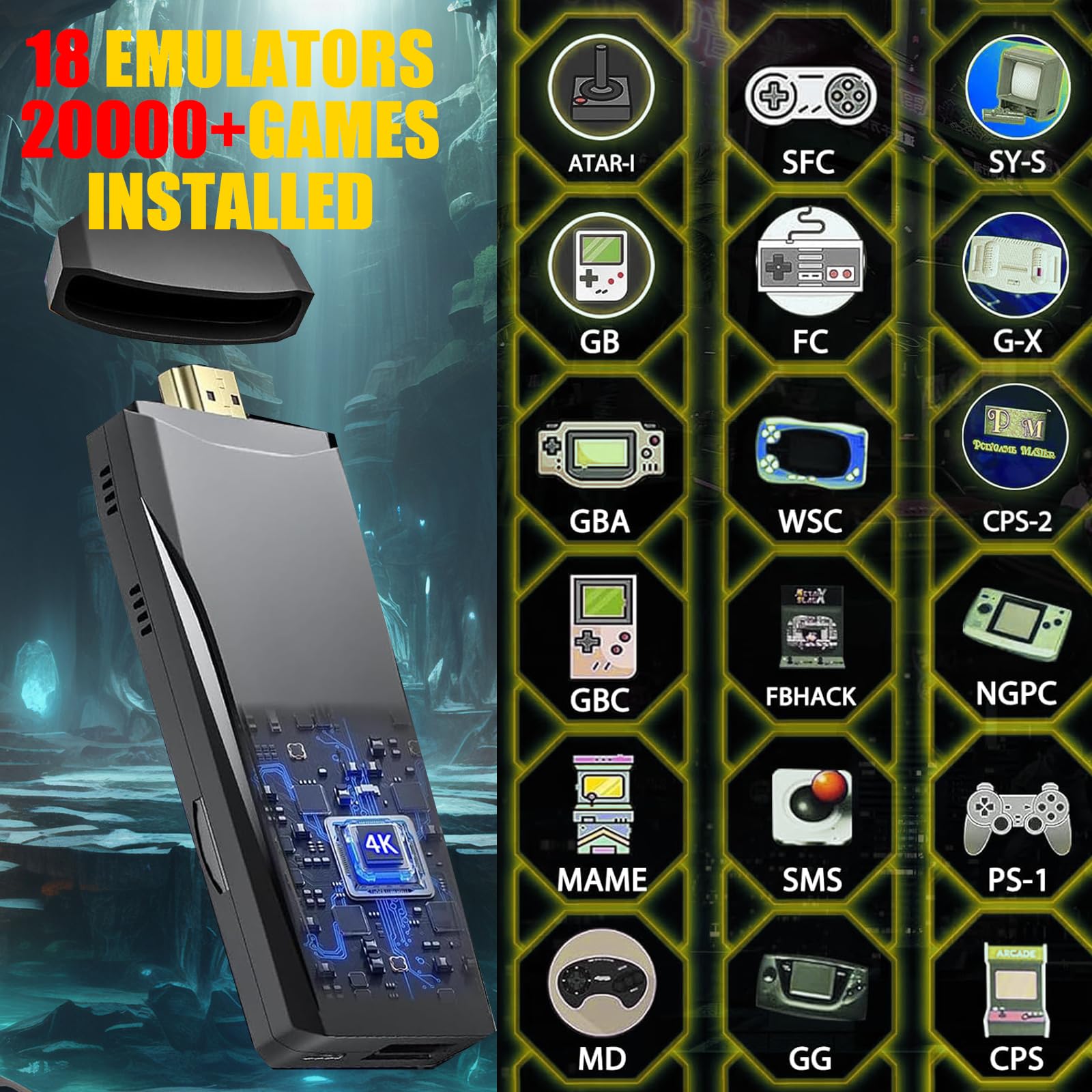 Retro Game Console - Retro Play Game Stick,Plug and Play Video Game Stick, 9 Classic Emulators,4K HDMI Output,Plug and Play Video Game Stick Built in 20000+ Games with 2.4G Wireless Controllers(64G)