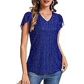 Womens Glitter Tops Short Sleeve Dressy V Neck Sparkly Casual Double Layers Shirts