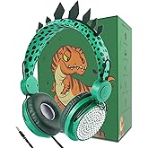 charlxee Kids Headphones,Dinosaurs Wired Headsets for Boys&Girls,Built-in Mic&On/Over Ear HD Stereo for Online Study/School/Tablet with Nylon Cable (Green)