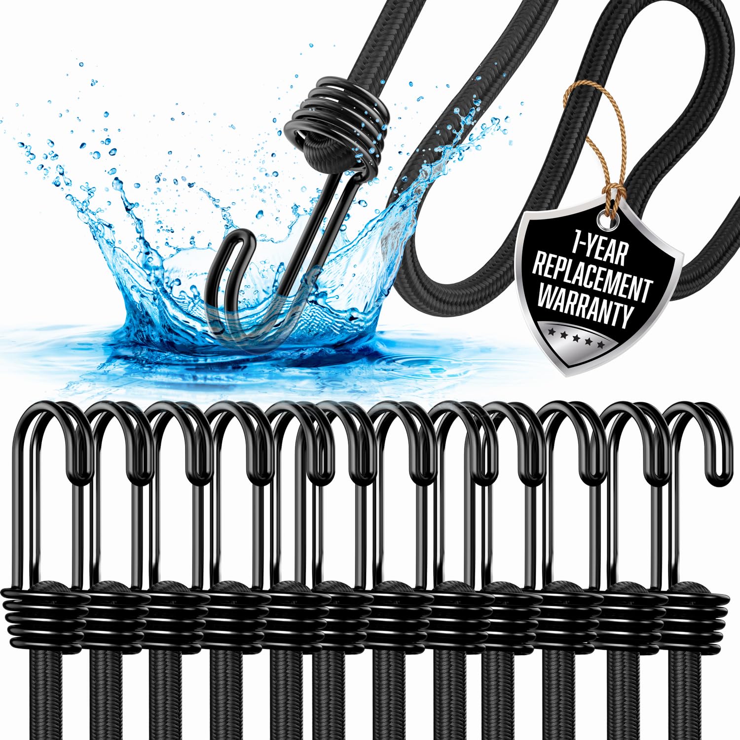 Photo 1 of 18 Inch Bungee Cords with Hooks - Heavy Duty Outdoor Black Bungee Cords with Hooks - 12 Pack Small Bungie Cord Set - Strong Bungy Cords