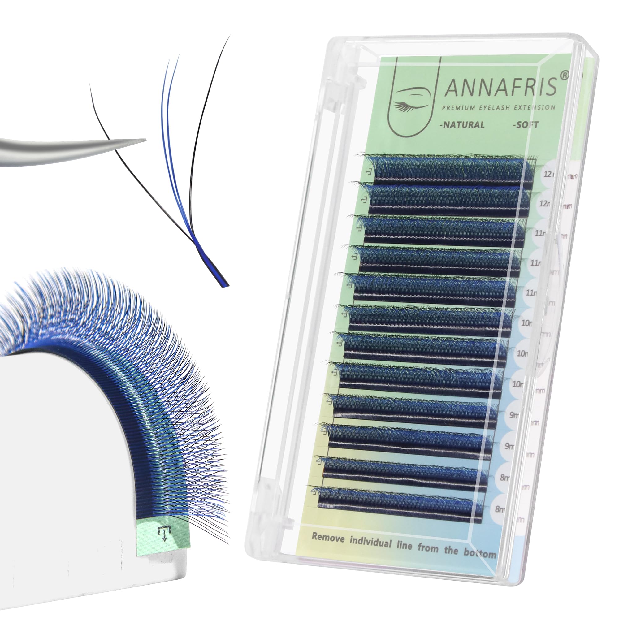 Photo 1 of ANNAFRIS 3D W Shape Blue Dual Core Premade Fan Eyelash Extensions Volume 2 Tips False Lashes Faux Mink Matte Black Cluster Lash Extensions(0.07 C,8-12mm Blue)