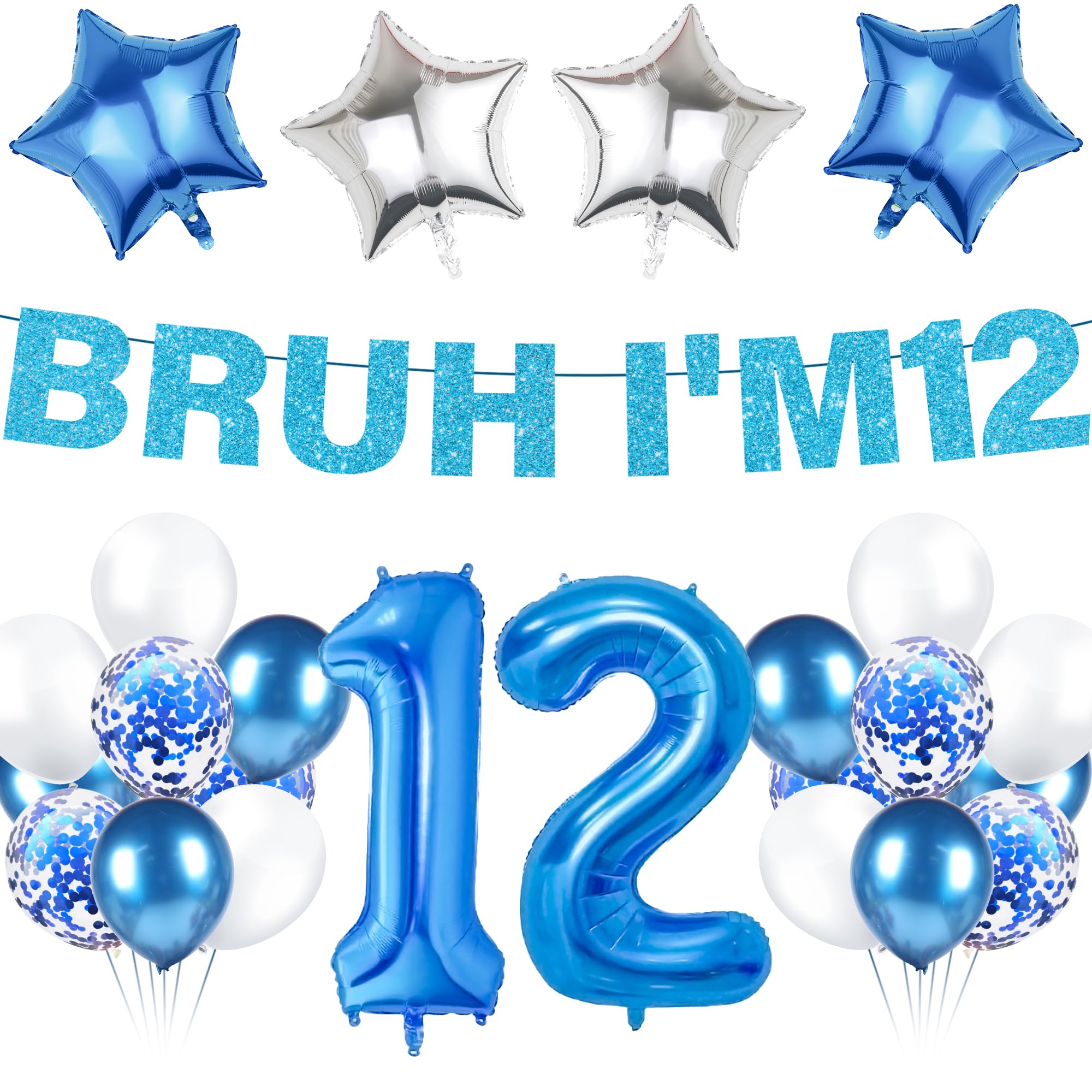 LPPIIUSSU 12th Birthday Decorations Balloon Boys - 19 Pcs Blue Bruh I'M 12 Glitter Banner Number 12 Foil Latex Balloons Party Decoration for Girls 12 Years Old Birthday Celebration Decor Supplies