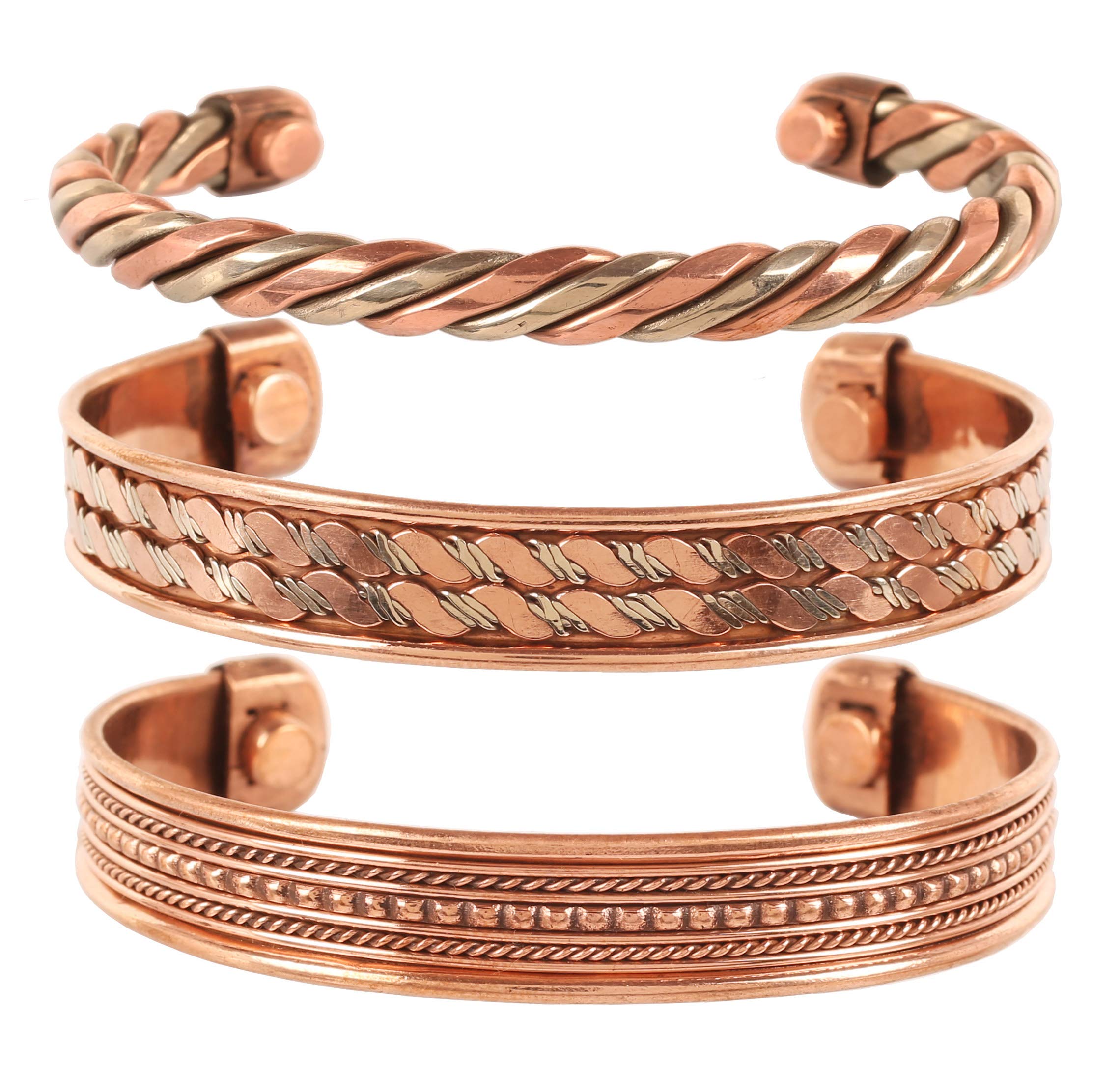 Touchstone Copper magnetic bracelet Tibetan style. Hand forged with solid and high gauge pure copper. Set of 3 different designs with 3 metal shades.