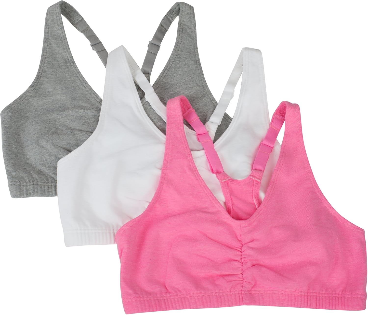 Fruit of the Loom Women's Adjustable Shirred Front Racerback Bra (Pack of 3) at  Women’s Clothing store