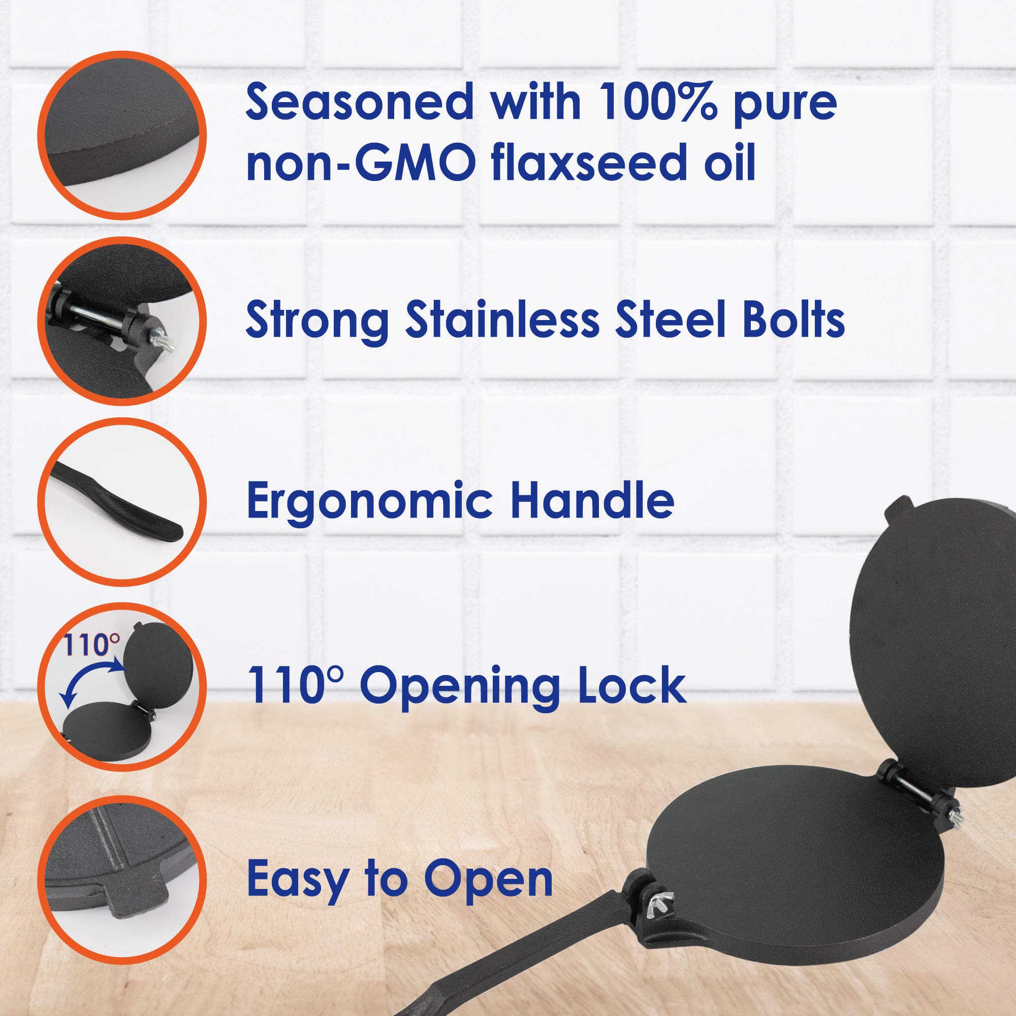 8 Inch Cast Iron Tortilla Press by StarBlue with FREE 100 Pieces Oil Paper and Recipes e-book - Tool to make Indian style Chapati, Flour Tortilla, Roti