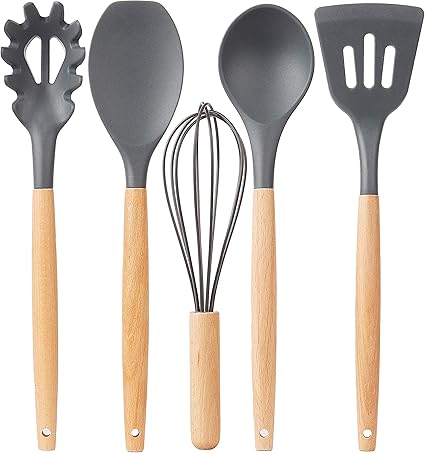 Grijze Siliconen Keukengerei Set 5 Stukken Siliconen Hoofd Houten Handvat Kookgerei Niet Stok Hittebestendig Gemakkelijk Schoon Te Maken Spaghettilepel Spatel Garde Lepel Slotted Spatel Amazon Nl