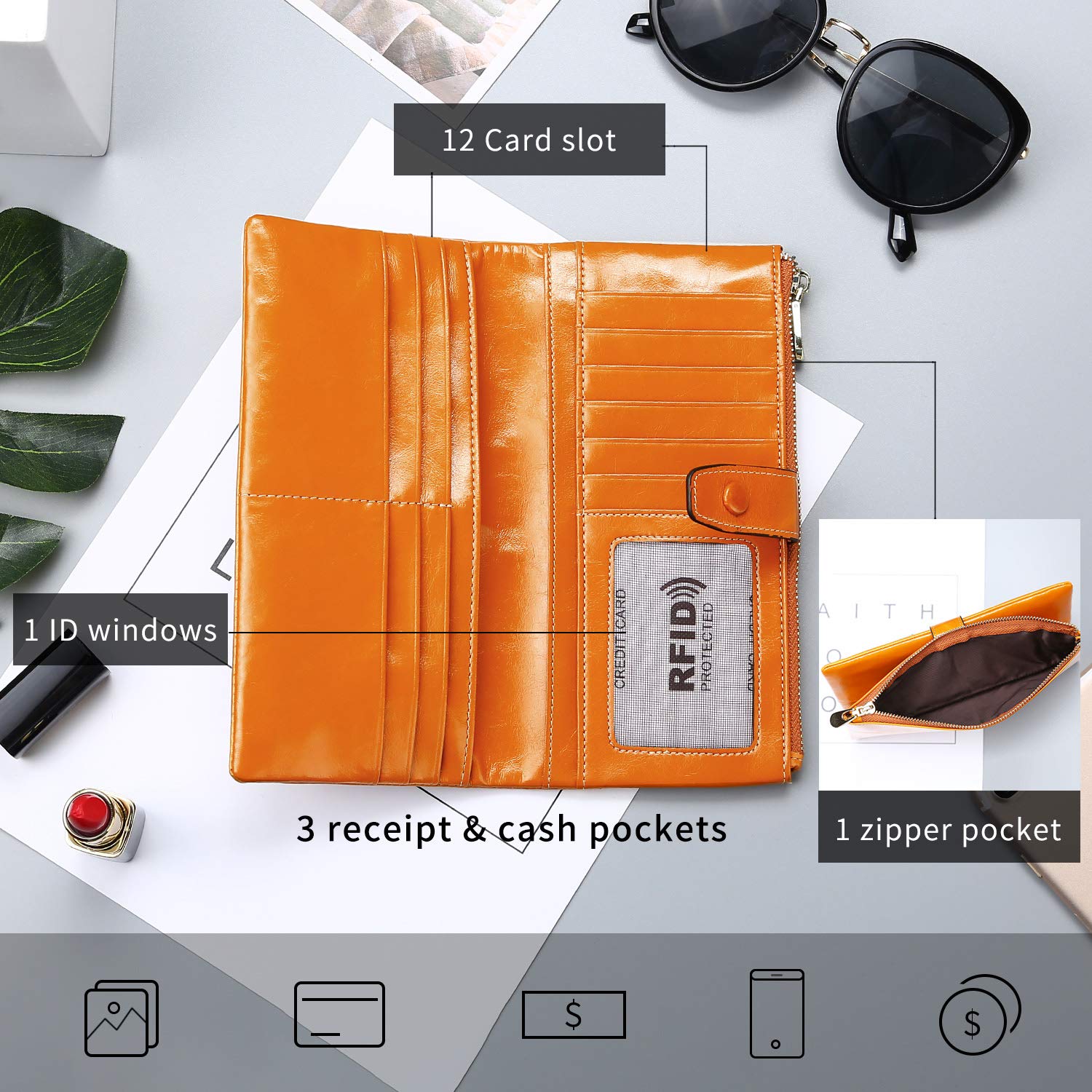 Wallets for Women RFID Bifold Blocking Womens Wallet Large Capacity Minimalist with Zipper Pocket Luxury Wax Genuine Leather Phone Passport Clutch Wallet Wristlet Ladies Purse (Bright orange)