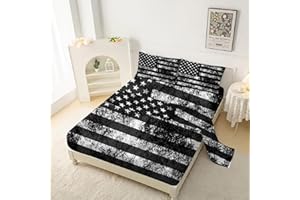 kxry Black and White USA American Flag Fitted Sheet Sets Full Size for Boys Kids Teens Dirty US Stars Stripes Flags Bedding Set 1 Fitted Sheet + 1 Flat Sheet + 2 Pillow Cases