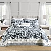 SOElinens Oversized King Bedspreads 128x120 Extra Wide - Vintage Vine Farmhouse California King Quilt Set, 3 Pieces Lightweight Thin Comforter Bedding Coverlet Set, Cal King, Slate Blue/Off White
