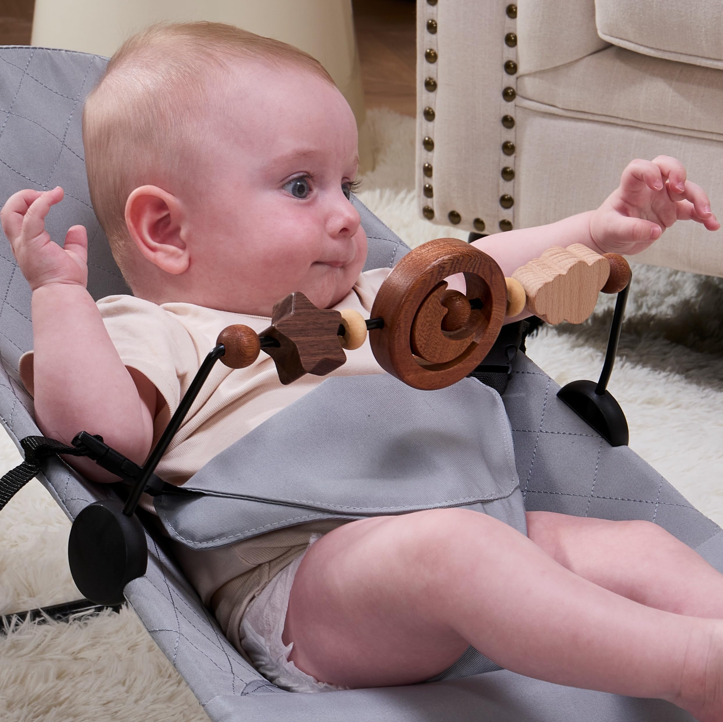 Toy Bar Compatible with Baby Bjorn Bouncer Toy Bar for Baby Bouncer, Durable Wooden Baby Bouncer Toy Bar Attachment, Rotatable Baby Sensory Toy (Natural Wood Colors)