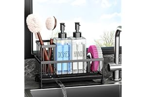 Cisily Dish Soap Dispenser, 12 fl oz Dual Kitchen Soap Dispensers with Sponge Holder, Plastic Pump Clear Glass Bottle Kitchen Soap Dispenser Set, Modern Hand and Dish Soap Bottle Set Removable