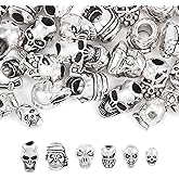 Beadthoven 24Pcs Tibetan Silver Skull Beads - 6 Styles Halloween Skeleton Alloy Spacers - Assorted Mini Small Metal Head DIY Accessory for Jewelry Making Necklace Bracelet Supplies
