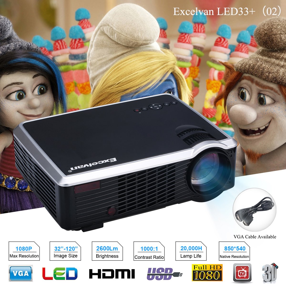 Excelvan - 33 + - LED proyector con 2600 Lúmenes (854 x 540p, FHD ...