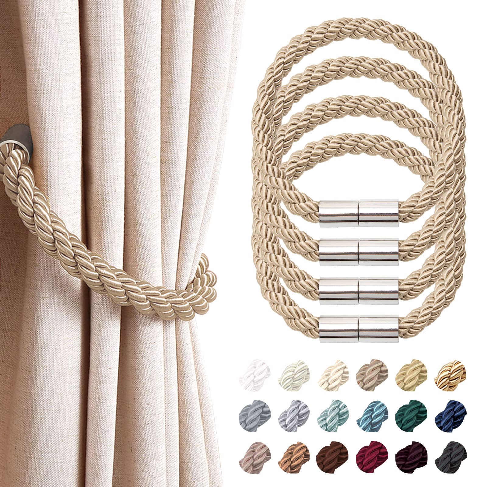Pretty Jolly 4 Pack Strong Magnetic Curtain Tiebacks Modern Simple Style Drape Tie Backs Convenient Decorative Weave Rope Curtain Holdback for Thin or Thick Home & Office Window Drapery (Khaki)