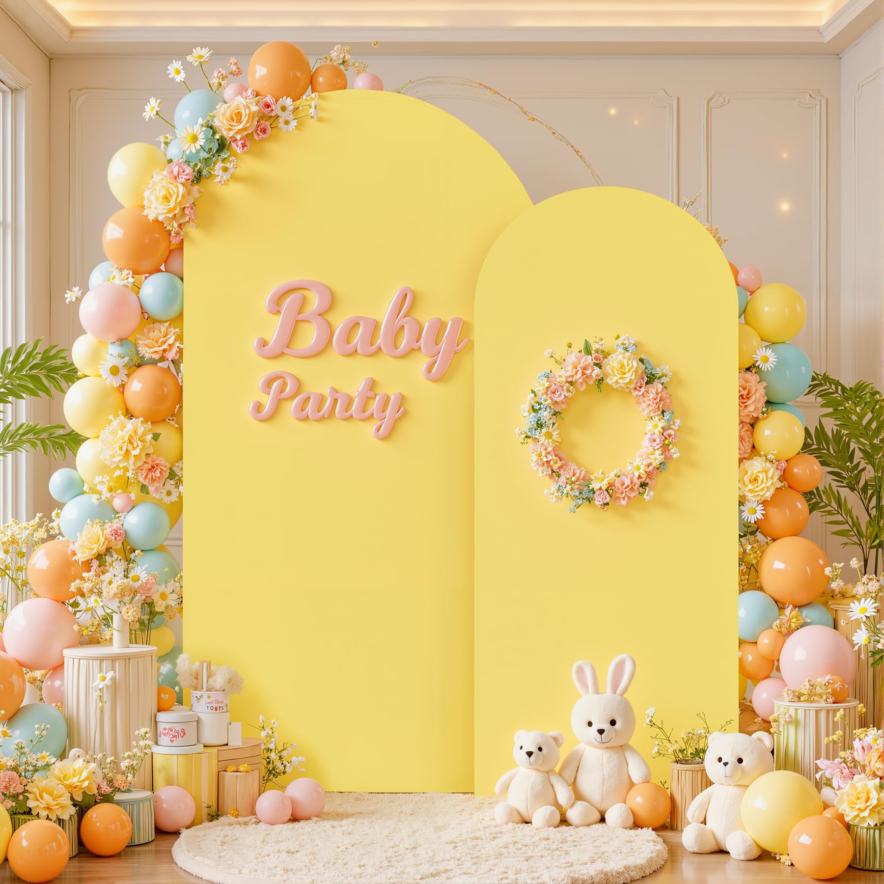 Photo 1 of Yellow Arch Cover 2 Set-7.2FT, 6FT Yellow Arch Backdrop Cover Spandex Fitted Birthday Party Arch Stand Covers Stretchy Backdrop for Baby Shower Bridal Shower Ceremony Wedding Banquet Photo Background