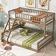 Wood Bunk Bed Twin XL Over Queen Size with Safety Guardrails, Detachable Design Floor Bunk Bed Frame for Kids Teens Boys Girls, Sturdy Slat Support (Walnut-9.30)