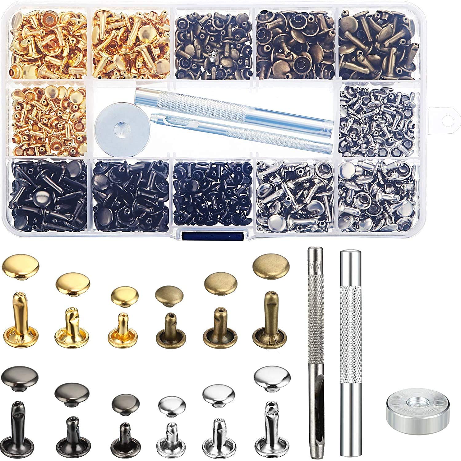 Shiwaki 360 Pcs Leather Rivets Double Cap Rivet Tubular Metal Studs With 3 Pieces Setting Tool Kit for Leather Craft Repairs Decoration