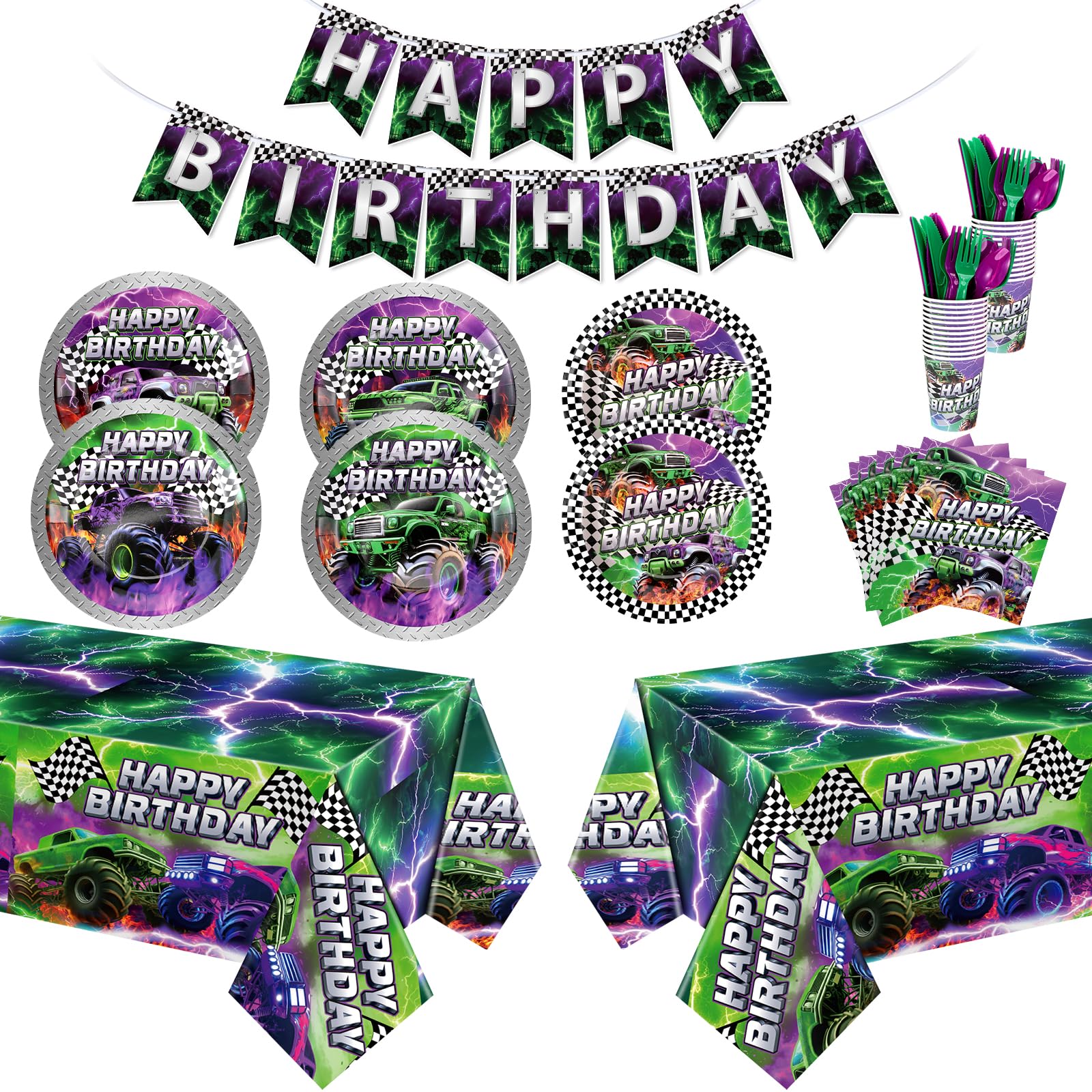 Photo 1 of Mifoci 171 Pcs Monster Truck Party Supplies Tableware Kit Serve 24 Guest Plates Cups Knives Forks Spoons Napkins Tablecloths Banner for Truck Party Racing Car Birthday Decorations (Green Purple)