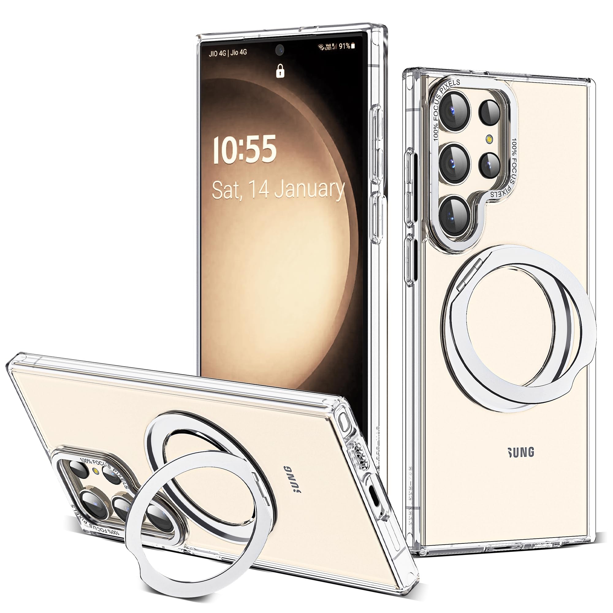 Zalinbo Compatible with Samsung Galaxy S22 & S23 Ultra Case with 360Rotatable Magnetic Ring Stand Compatible with Mag-Safe Military Protection Shockproof Transparent Phone Case,Clear