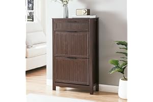 VIPLUMI 2 Flip Drawers Shoe Cabinet Storage for Entryway, Narrow Hidden Shoes Organizer for Front Door Entrance, Free Standing Shoes Cabinet Wooden Hallway Shoe Rack(Brown)