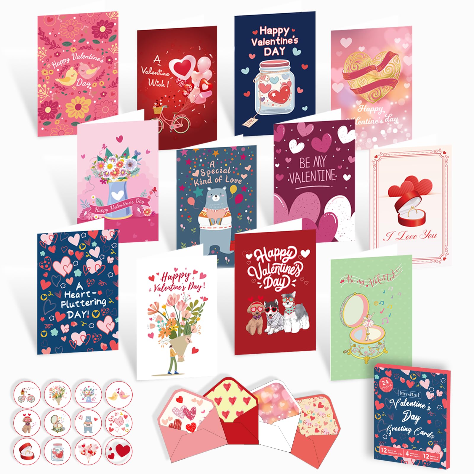 Photo 1 of 24 Pack Valentine's Day Cards with 12 Envelopes, 24 Sticker Seals - 12 Designs, 4x6 Inch Unfolded Cards, Printed Message Inside, Premium Cardstock, Perfect for Valentine’s Day Wedding Mother Day, Gift Packaging Included