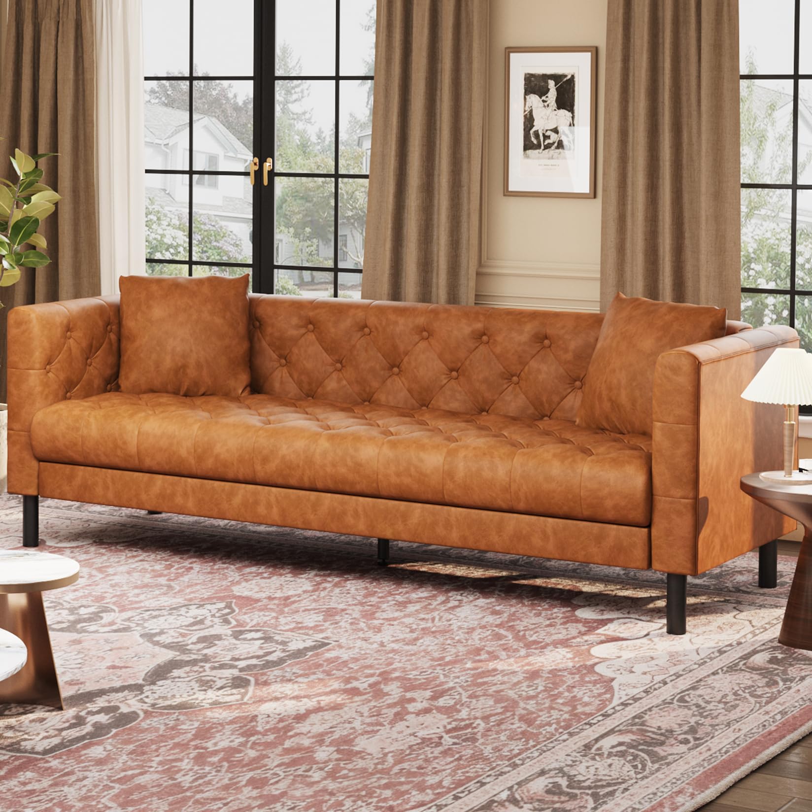 Photo 1 of Garvee 81 Inch Leather Couch for Living Room, Modern Leather Sofa with Deep Seat, Handmade Button Tufted Sofa, Chesterfield 3 Seat Couch for Apartment, Office, Cognac Tan