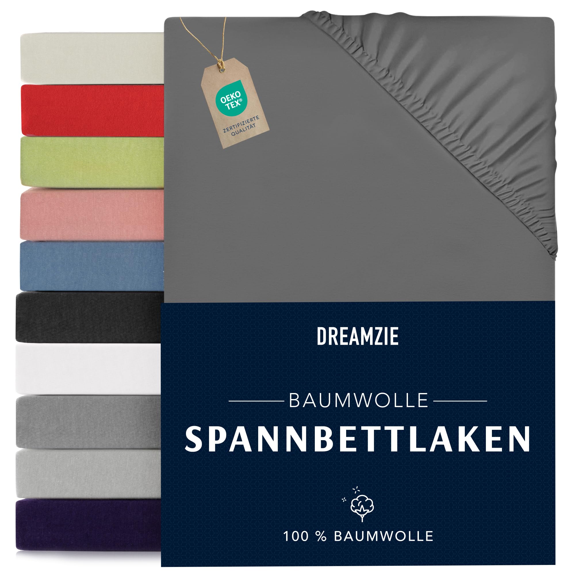Dreamzie - Spannbettlaken 180x200cm - Baumwolle Oeko Tex Zertifiziert - Anthrazitgrau - 100% Jersey Spannbetttuch 180x200