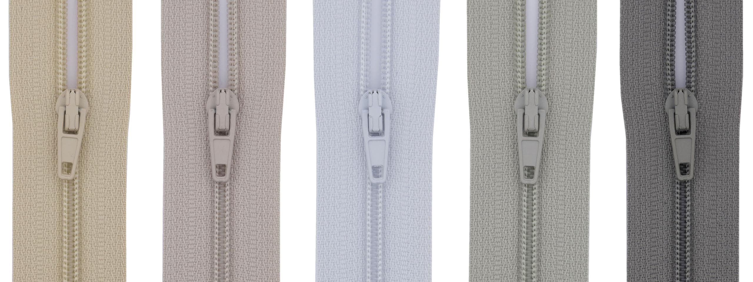#3 Close End Zips – 5 Pack (5 Shades in One Set) | Nylon Coil Zipper for Sewing, Dress, Skirt, Cushion, Craft - 16 inch (41cm) (Grey & Beige)