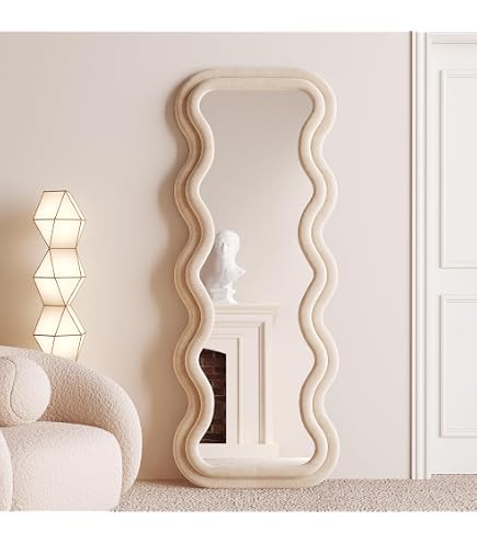 JAWGLOW Wavy Full Length Mirror - 63"x24" Floor Mirror With Flannel Wooden Frame, Leans Or Hangs