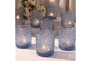 LANTTU Blue Votive Candle Holder Set of 12, Flower Tea Lights Candles Holders for Wedding Table Centerpieces, Birthday Parties, Home Decor, Blue Bridal Shower and Holiday Decorations