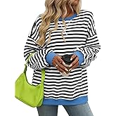 CASURESS Women Striped Oversized Sweatshirt Long Sleeve Crewneck Shirts Fall Fashion Pullover Sweater
