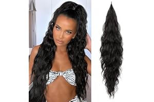 Flufymooz Ponytail Extension, Flexible Wrap Around Ponytail Extension Long Wavy Curly Ponytail Hair Extensions Natural pony tail Synthetic Hairpiece for Women 26 Inch (Black Brown)
