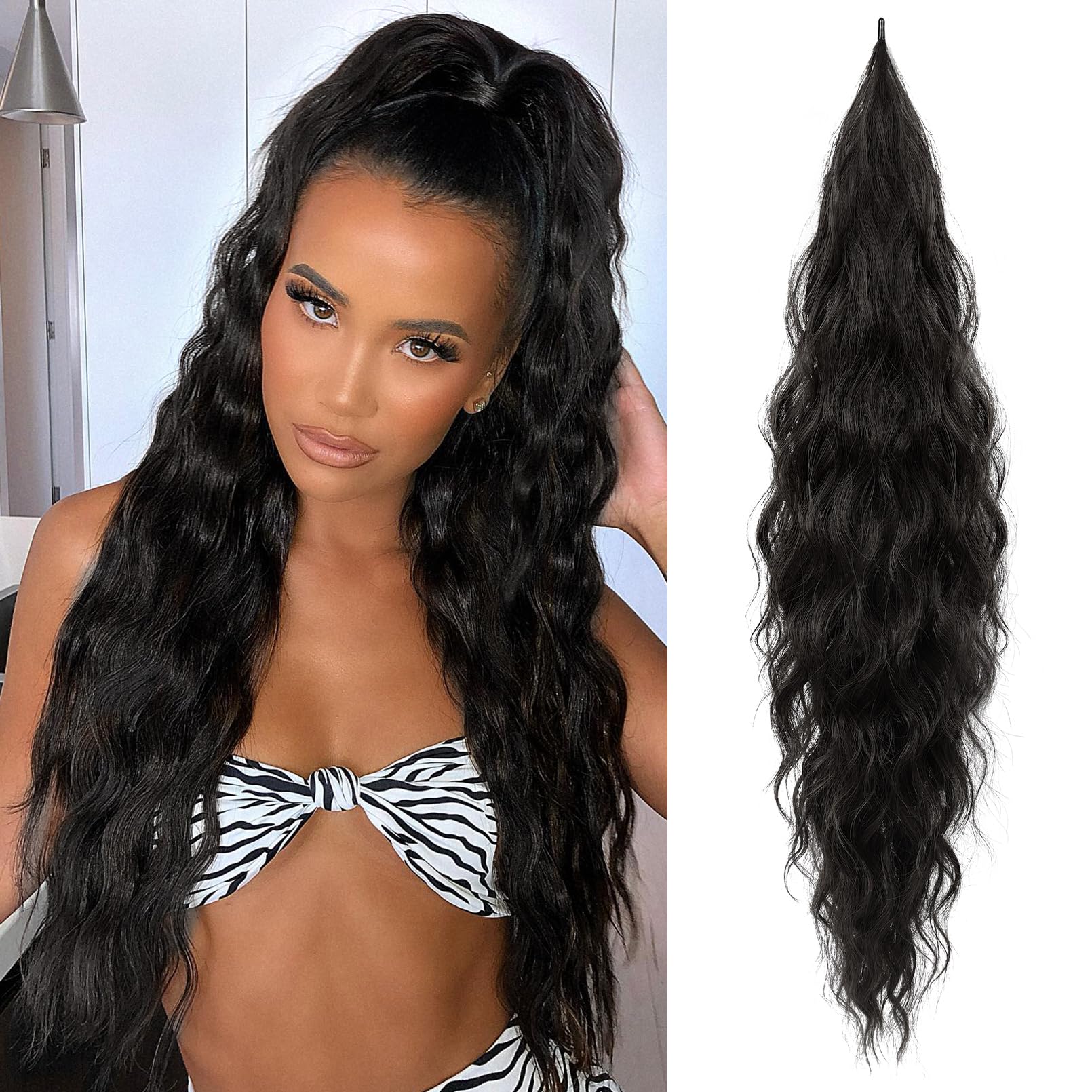 Photo 1 of Flufymooz Ponytail Extension, Flexible Wrap Around Ponytail Extension Long Wavy Curly Ponytail Hair Extensions Natural pony tail Synthetic Hairpiece for Women 32 Inch (Black Brown)