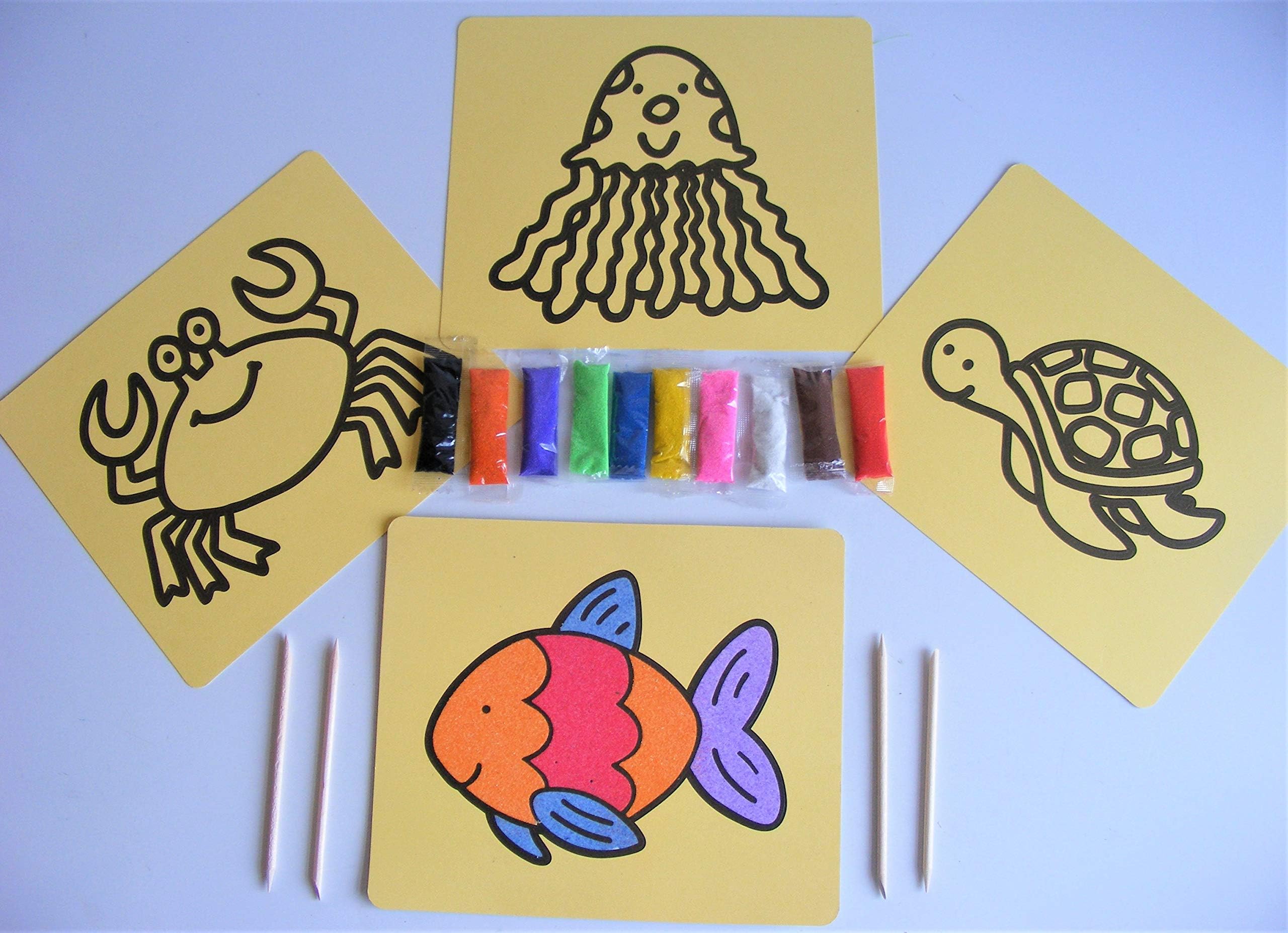 4 Peel Off Sticky 20cm x 17cm SEALIFE Sand Art Pictures with SAND in 10 Colours ~ Crab Turtle Jellyfish & Fish Designs