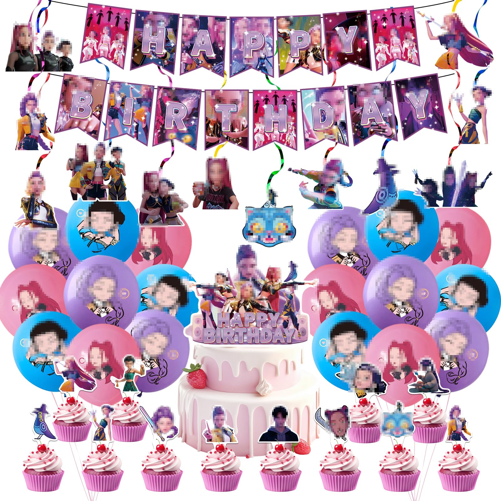 Demon Birthday Decorations for Girls- K Pop Singer Idol Kids Party Decorations with Cartoon Birthday Foil Balloons Happy BirthDay Banner Hanging Swirls Cake Toppers Decorationfor Theme Party Supplies