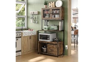 Furniouse 6-Tier Kitchen Bakers Rack with Power Outlet, Industrial Microwave Oven Stand with Shelves, Kitchen Utility Storage Shelf with Cabinet, Standing Storage Rack (Rustic Brown)
