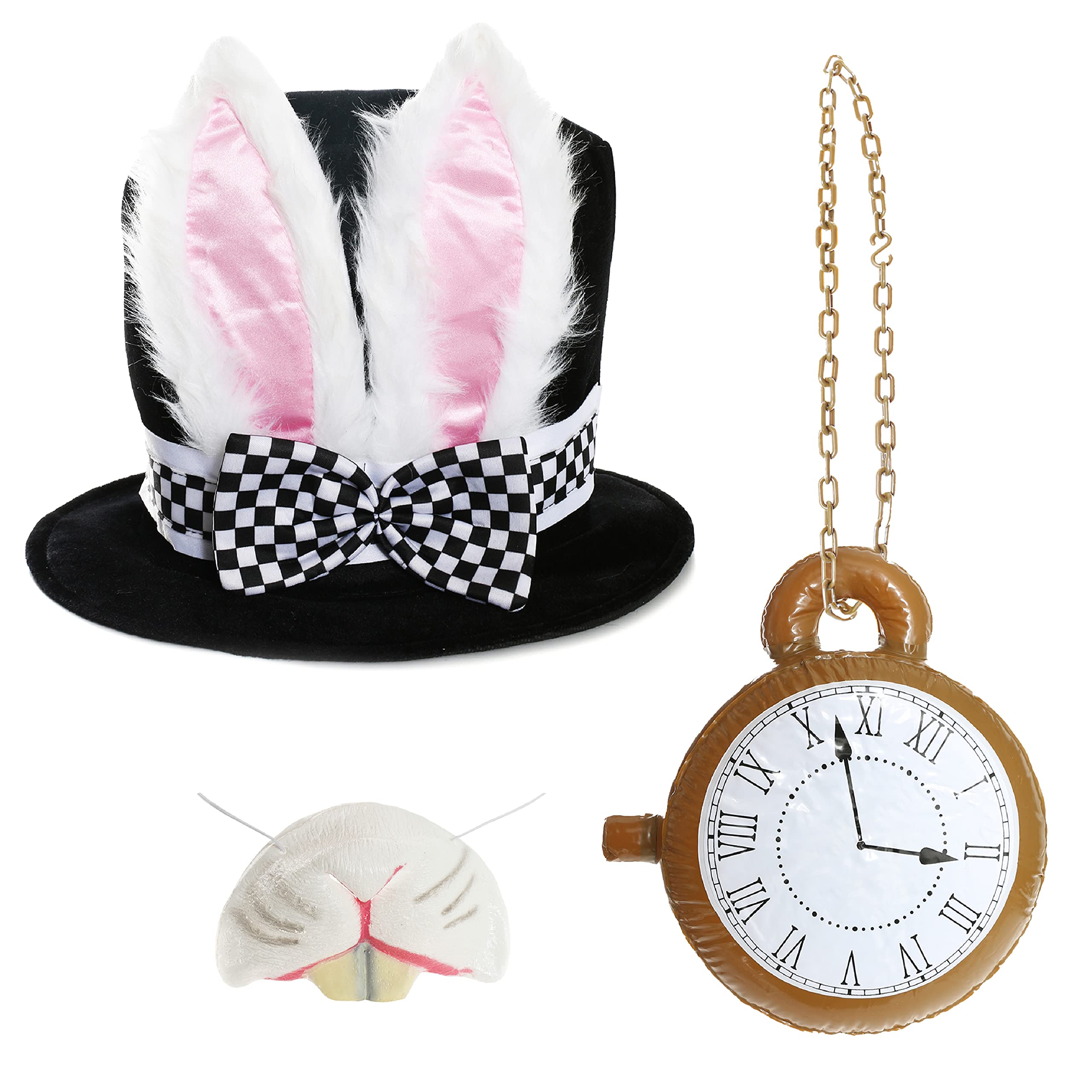 Adults Rabbit Costume Accessory - Rabbit Hat with Attached Ears and Bow, Inflatable Clock, Rabbit Nose on Elastic - Adults World Book Day Book Week Fancy Dress Costume