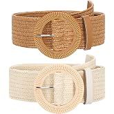 SUOSDEY 2 Pack Straw Woven Elastic Belt Braided Stretch Wide Boho Rattan Waist Belt for Women Dresses