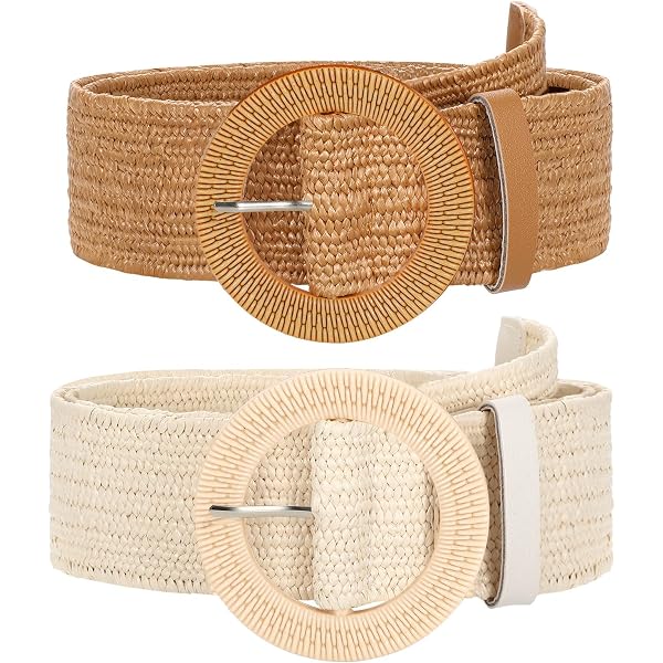 Elerevyo Womens Woven Stretch Belts, Straw Rattan Wooden  display picture 3