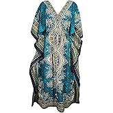 INDYATTIRE Women's Kaftan Party Kimono Dress Maxi Long Loungewear Nightwear Beach Cover up Caftan Free Size (Polyester, Teal Blue)