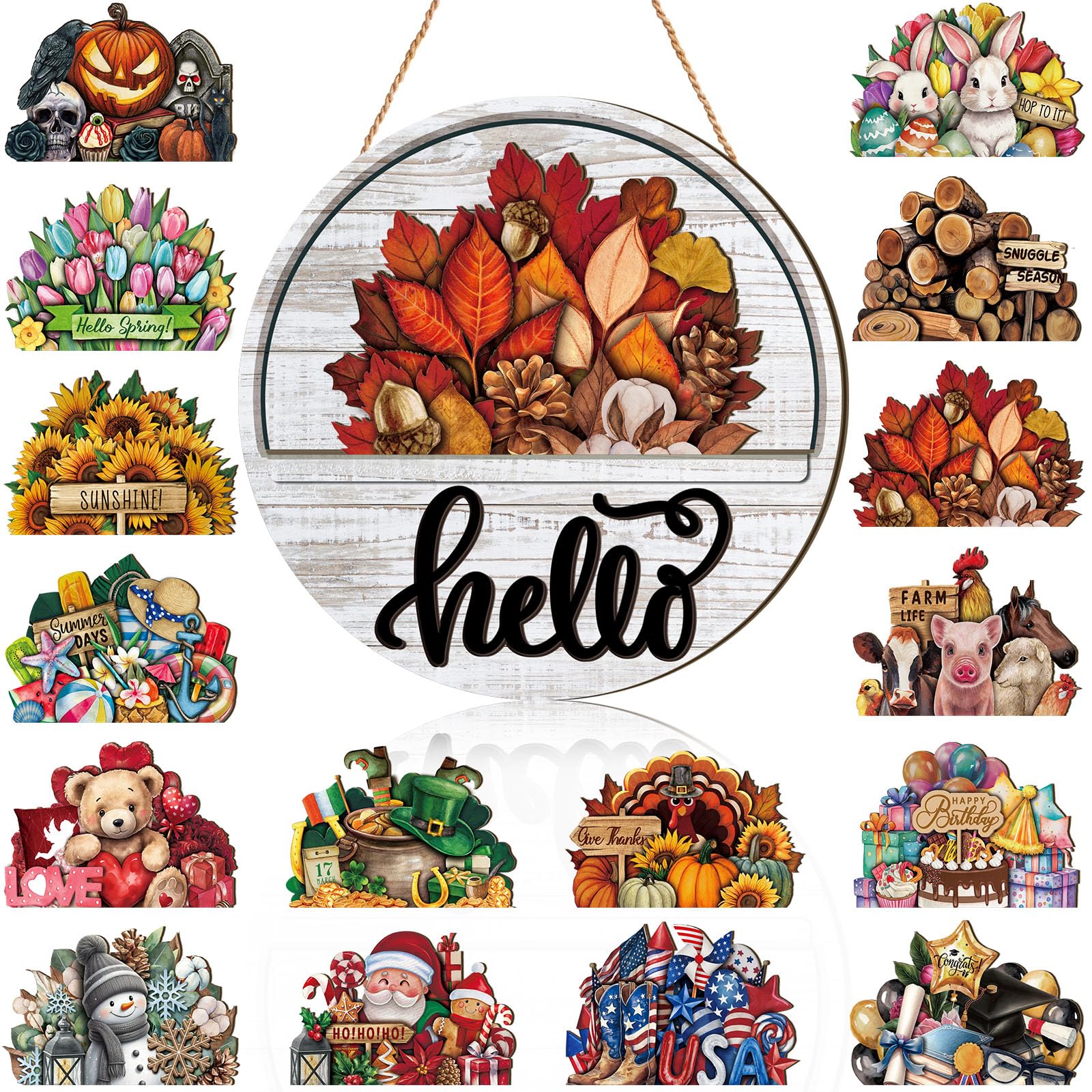 Photo 1 of Yousoontic 17 Pcs 12 Inch Magnetic Welcome Door Sign Interchangeable Front Door Decor Rustic Fall Seasonal Hanging Sign Halloween Christmas Decor for Home Warming Gift(Lovely Color,Hello)